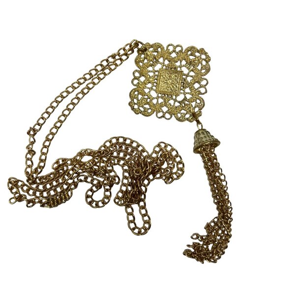 Gold Tone Necklace Long Chain Trangular Pendant with Tassel - Picture 3 of 7